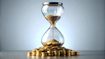 An animated hourglass with coins in the top half slowly falling into the bottom illustrating time and interest accumulation.