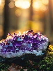 Amethyst geode cluster bathed in golden sunlight, showcasing its vibrant purple crystals in a natural forest setting.