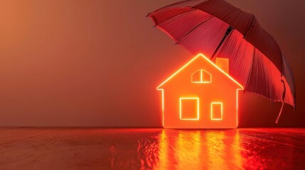Bright red umbrella shielding a glowing neon house outline on water surface with dramatic sunset sky background symbolizing protection and home safety