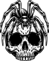SVG vector of dark fantasy skull with spider and web elements. Elegant Skull and Spider Illustration in Black and White Style