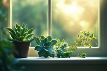 Sunlit succulents thrive on a windowsill, showcasing their vibrant green hues and delicate textures.