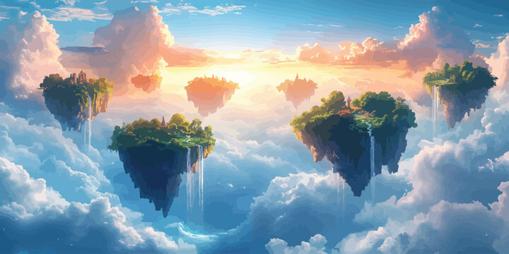 Floating islands surrounded by clouds featuring lush greenery and cascading waterfalls in a vibrant and whimsical design