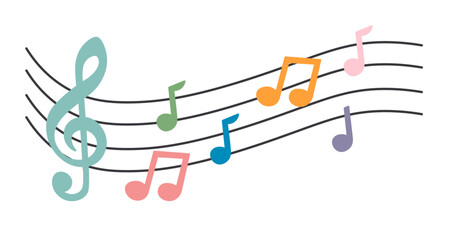 colored musical notations on a staff in doodle style in vector. Element for design advertisement mail posts poster print postcard banner