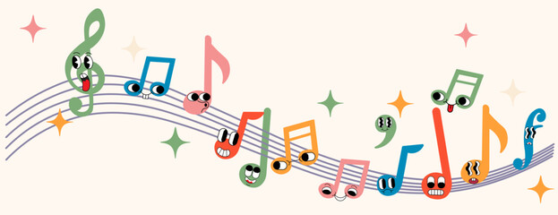 colored musical notations on a staff in doodle style in vector. Element for design advertisement mail posts poster print postcard banner