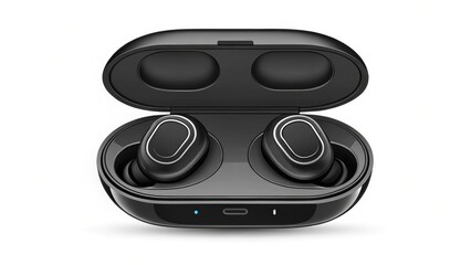 Black wireless earbuds in sleek charging case, featuring compact design with LED indicators for battery status. earbuds are ergonomically designed for comfort and portability