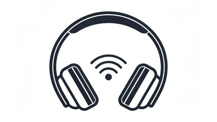 Wireless headphones icon with minimalist black line design, featuring over ear headphones and wireless signal symbol in center, isolated on white background