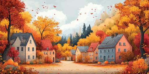 Charming autumn town square with colorful houses and falling leaves in modern flat design style