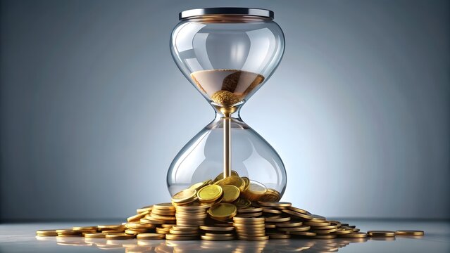 An animated hourglass with coins in the top half slowly falling into the bottom illustrating time and interest accumulation.