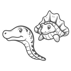 Cute Sea Snake and Turtle Line Art Illustration