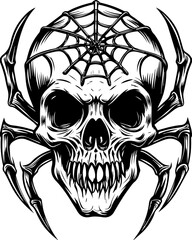 Stencil-like dark fantasy skull with iconic elements in SVG vector style.Intricate Skull Spider Design with Web Pattern in Monochrome Style