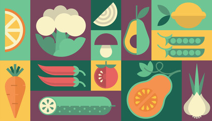 Vegetables fruits diet healthy food vegetarian background vector geometric menu poster icon set logo