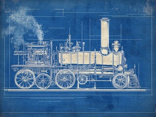 Industrial era blueprint of a coal-fired locomotive vintage design engineered concept technical illustration