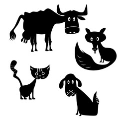 Farm animals: dog, shepherd wolf, cow, cat and environment elements. White icons with black outline. Cartoon vector illustration for coloring book.