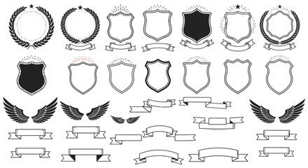Vector heraldic elements collection vintage shields laurel wreaths wings and banners for logo design set
