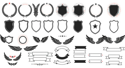 Vector heraldic elements collection shields laurel wreaths wings and ribbons for logo design templates
