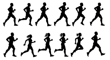 Running silhouettes vector art, marathon runners, fitness and exercise, jogger silhouettes, athletic figures
