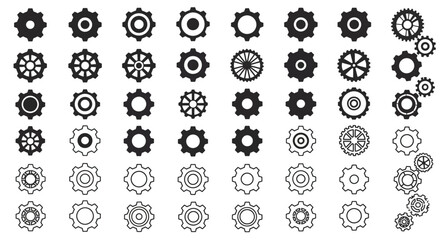 Black and white gears vector illustration, cogwheel mechanism graphic design elements for engineering projects

