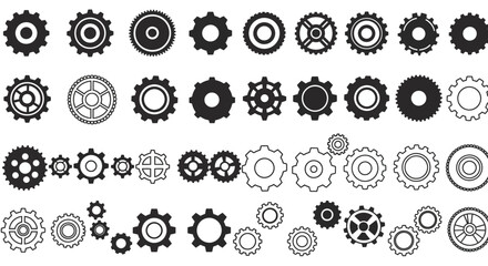 Gear wheels vector set for mechanical engineering designs and machine parts industrial technology concept

