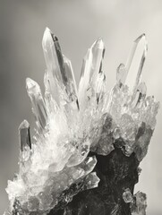 A stunning cluster of clear quartz crystals, sharply defined against a muted background, showcasing their intricate formations and glassy surfaces.