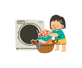 Children put dirty clothes in the laundry basket. Happy kid does laundry with washing machine. Illustration of little girl doing housework chores, vector isolated on white background