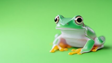 Obraz premium Cute green frog on a solid green background
