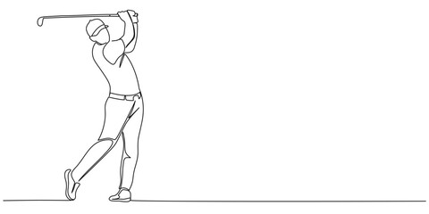 Continuous line drawing of man playing golf. Single one line art concept of professional golfer swinging the stick to hit ball.