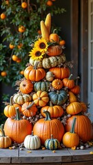 Autumn harvest display with pumpkins, gourds, corn, and sunflowers
