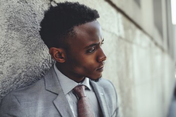 Obraz premium A sharply dressed black man, in a gray suit and tie, leans against a concrete wall outdoors.