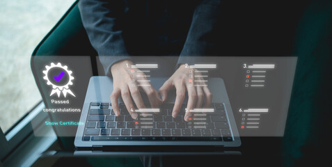 Businessman typing on a laptop with a digital certificate overlay showing a 