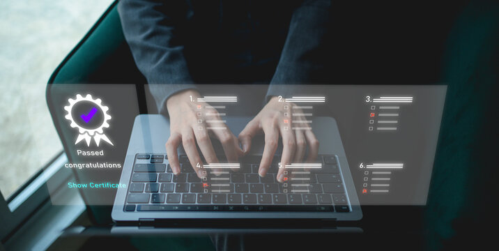Businessman typing on a laptop with a digital certificate overlay showing a "Passed" badge and a progress checklist on the screen.