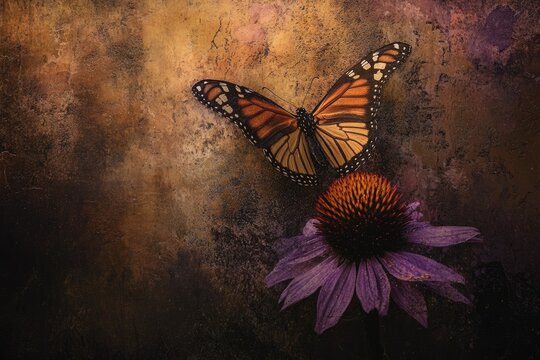 A monarch butterfly delicately rests on a purple coneflower against a textured, earthy backdrop.