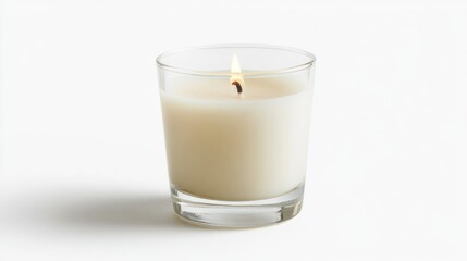 Lit Candle In Glass Container On White Background Illuminated Wax With Warm Light