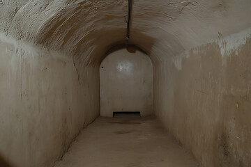 Obraz premium Eerie underground tunnel with arched ceiling and textured walls leads to a shadowed opening, evoking a sense of mystery and confinement.