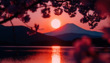 Cherry blossoms, sunset, mountain