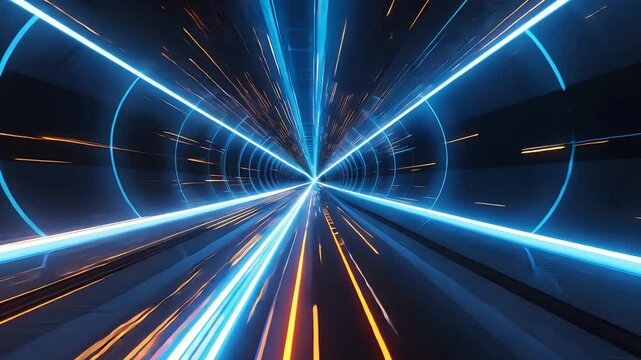 Futuristic tunnel with glowing blue light beams and motion blur effect creating a sense of high-speed movement through digital space

