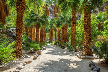 Lush palm trees and serene oasis serve as a tranquil haven, offering respite and rejuvenation amidst the challenging desert conditions, showcasing the essential connection between these trees and thri