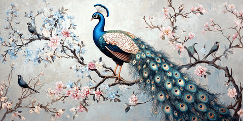 Peacock perched on blossoming branch, detailed feathers and flowers, serene aesthetic, symbolizes elegance, beauty, and nature's artistry, ideal for home decor