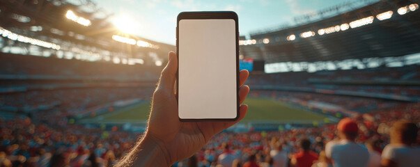 Hand holding smartphone in stadium during sports event, with vibrant crowd and bright sunlight in background