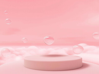 minimalist podium digital artwork featuring bubbles against a pink background, with a focus on elegance and simplicity. 