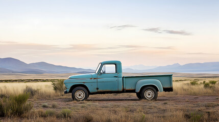 Fototapeta premium A vintage teal pickup truck sits in a field with mountains in the background.