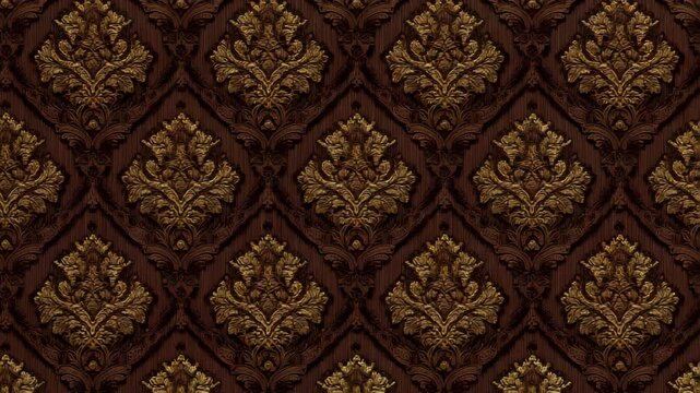 Elegant dark brown wallpaper pattern featuring gold floral damask motifs in a repeated diamond configuration