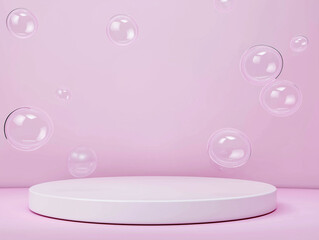 Purple minimalist digital artwork featuring bubbles and podium against a pink background.