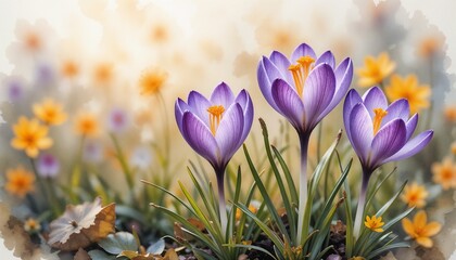 Watercolor painting of crocuses with purple and yellow flowers and copy space