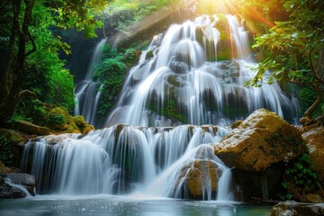 Fototapeta premium Serene Waterfall in Lush Tropical Forest, Breathtaking Display of Nature's Beauty