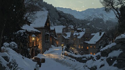 Fototapeta premium Snowy Mountain Village at Dusk