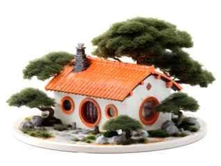 Miniature house with orange roof and trees in Zen garden-like setting