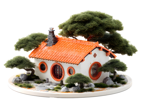 Miniature house with orange roof and trees in Zen garden-like setting