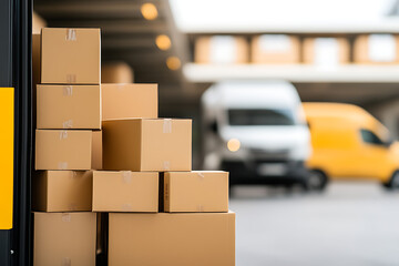 Stacked shipping boxes by delivery bay. Brown cardboard boxes for shipping, delivery, and storage. Logistics and moving services.