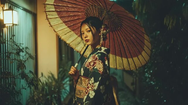 Elegant woman in traditional kimono holding a parasol outside at night, featuring intricate patterns and muted tones, with soft ambient lighting