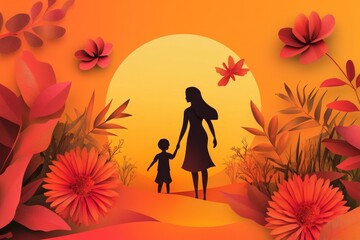 Silhouettes of a mother and child walking through a vibrant floral landscape.